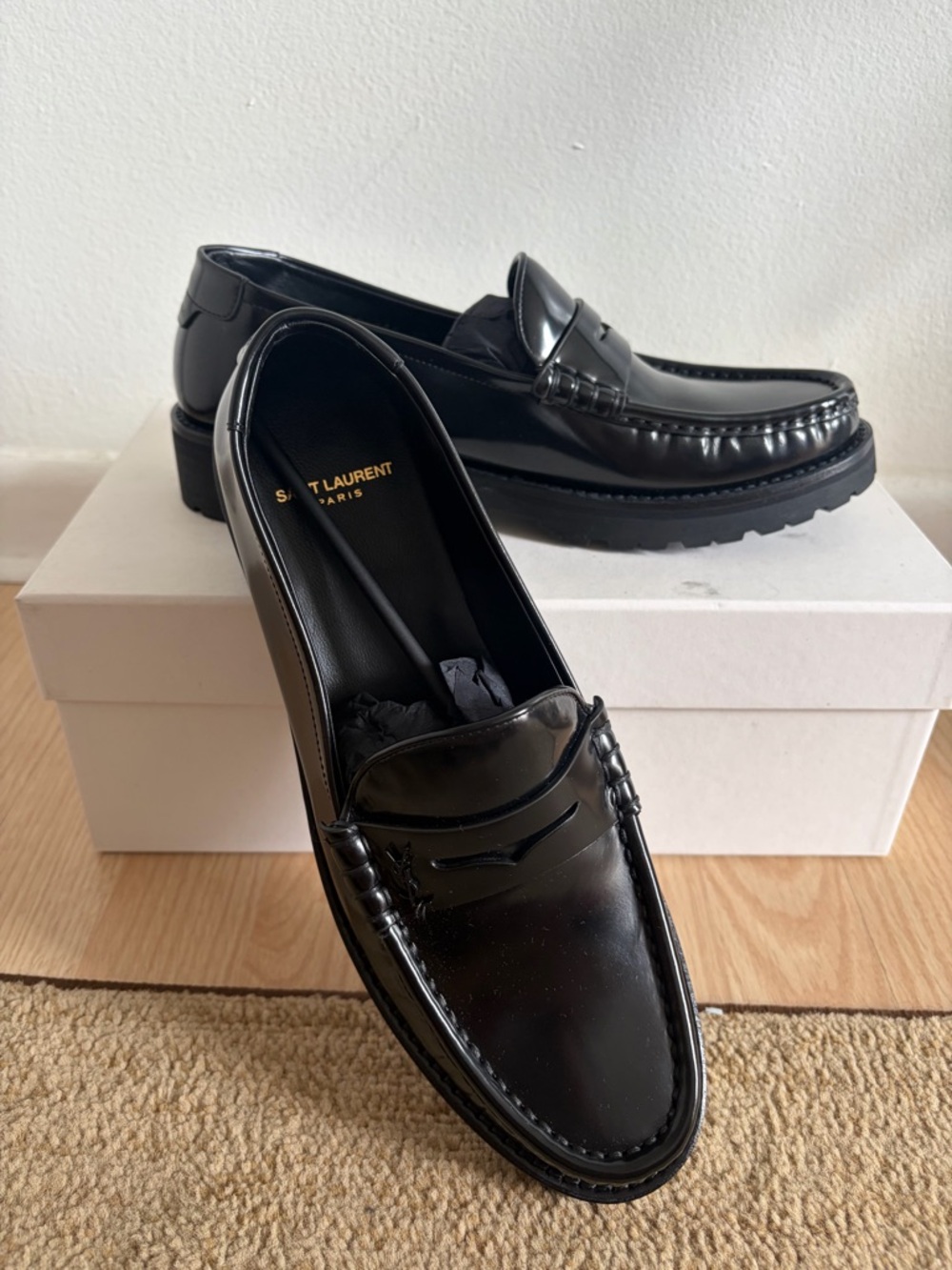 Saint Laurent Black Leather Lug-Sole Penny Loafers - Picture 2 of 7